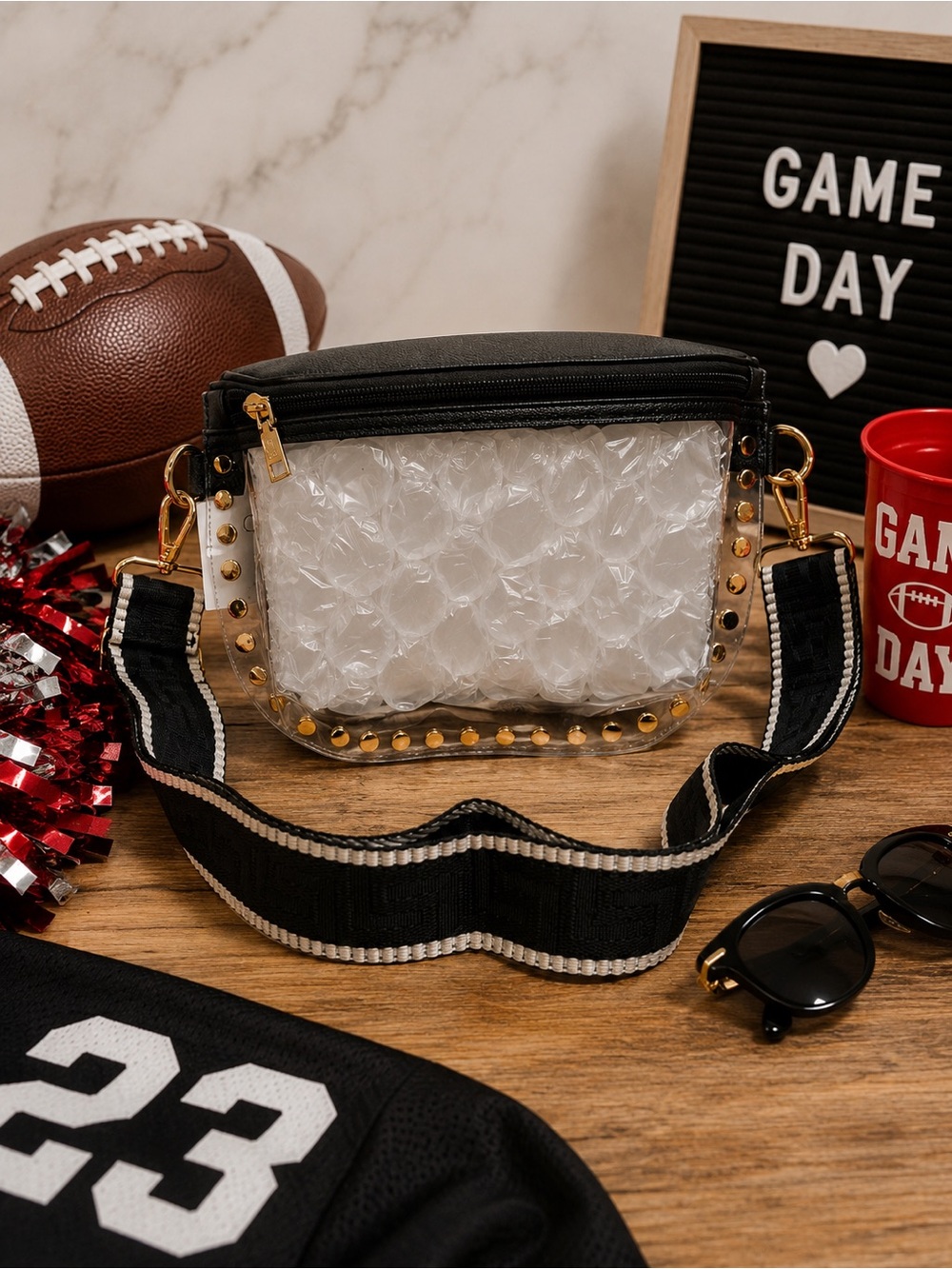Alba Clear Crossbody Bag with Black Trim and Gold Studs